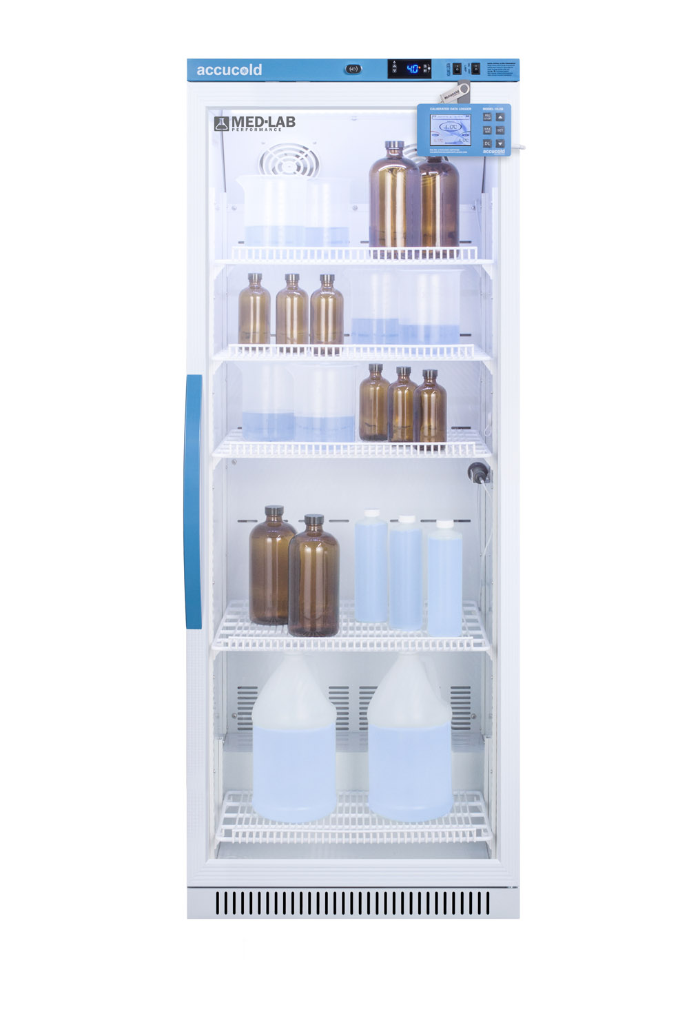 Performance series Med-Lab 12 cu.ft. upright glass door all-refrigerator for laboratory storage with factory-installed data logger, antimicrobial silver-ion handle, and hospital grade cord with 'green dot' plug